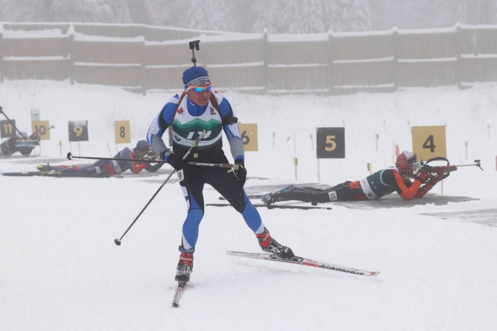 Glenn Rupertus, with the Vancouver Island Biathlon Club, skis out of the shooting range at Sovereign Lake Nordic Club during the Biathlon NorAm Cup held Saturday, Dec. 6. (Brendan Shykora/Morning Star)