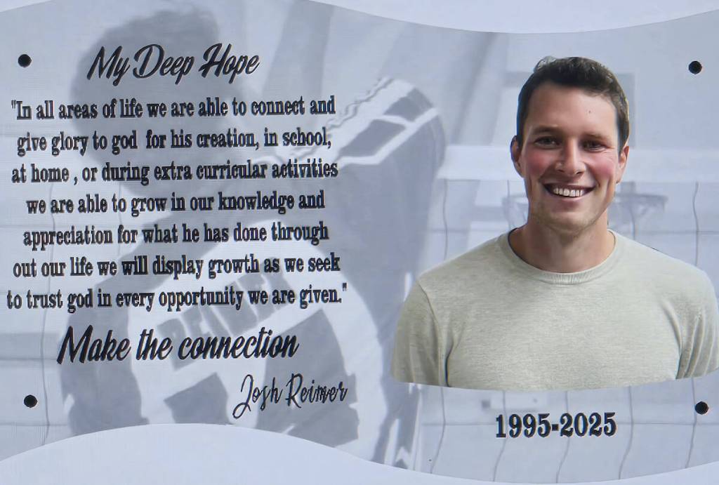 (Photo submitted)
Staff and students of Rimbey Christian School gathered in late November to name and dedicate the school&rsquo;s gymnasium in honour of late teacher Joshua Reimer. (Photo submitted)