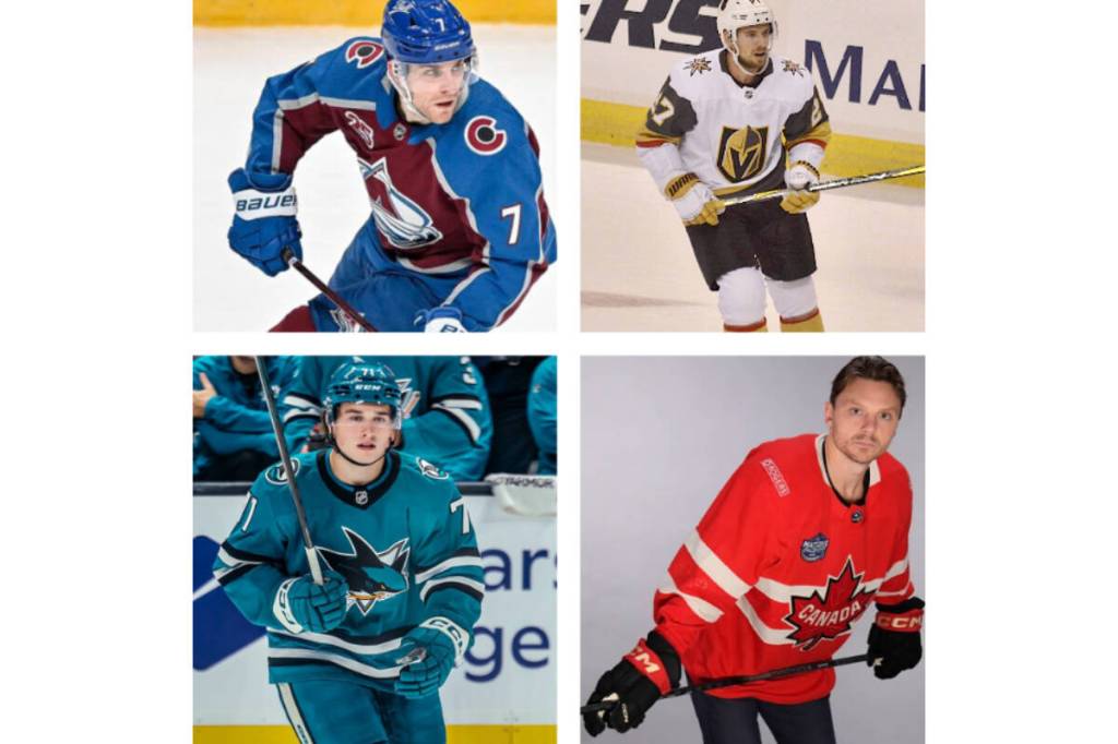 Abbotsford&rsquo;s Devon Toews (top left), Aldergrove&rsquo;s Shea Theodore (top right), Vancouver&rsquo;s Macklin Celebrini (bottom left) and West Vancouver&rsquo;s Sam Reinhart (bottom left) have all been named to the Canadian men&rsquo;s hockey team for the 2026 Olympics.